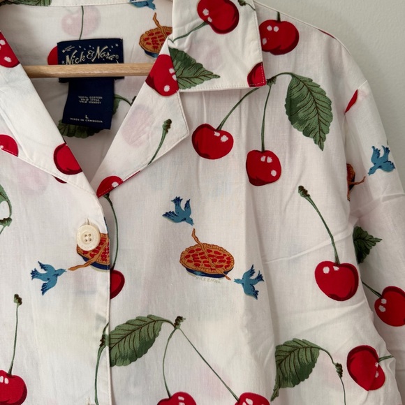Nick & Nora Pajamas PJ Set Cherries Cherry Pie Cotton White Size Large - Picture 3 of 9